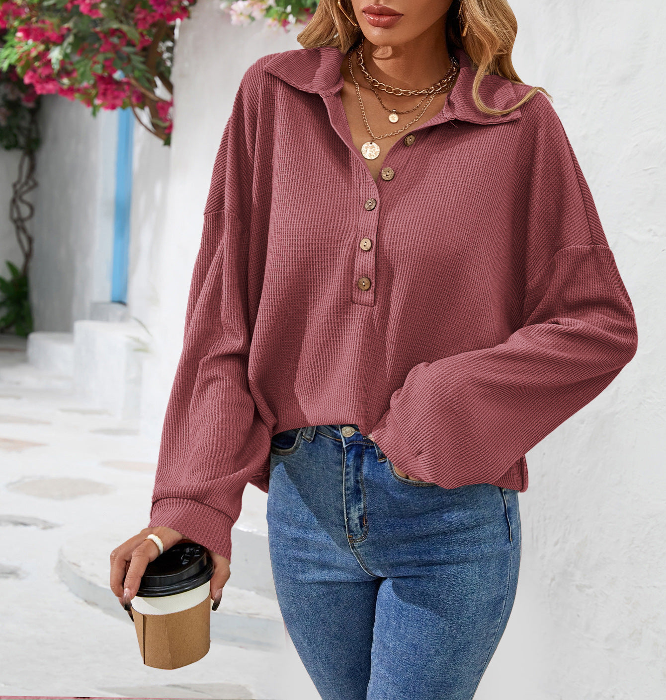 Sweatshirt Femme Col Chemise à Boutons – Coupe Loose & Style Casual Chic
