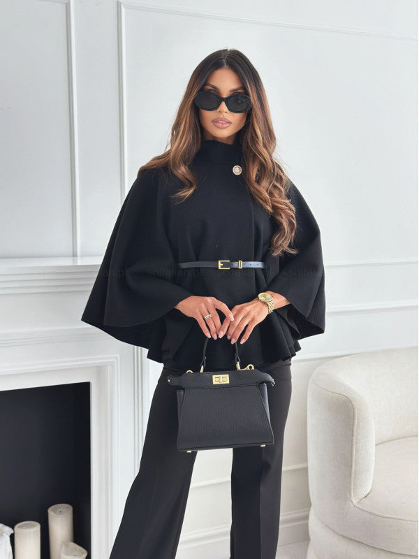 Cape Élégante à Col Montant avec Ceinture – Manteau Chic à Manches Chauve-Souris pour Femme