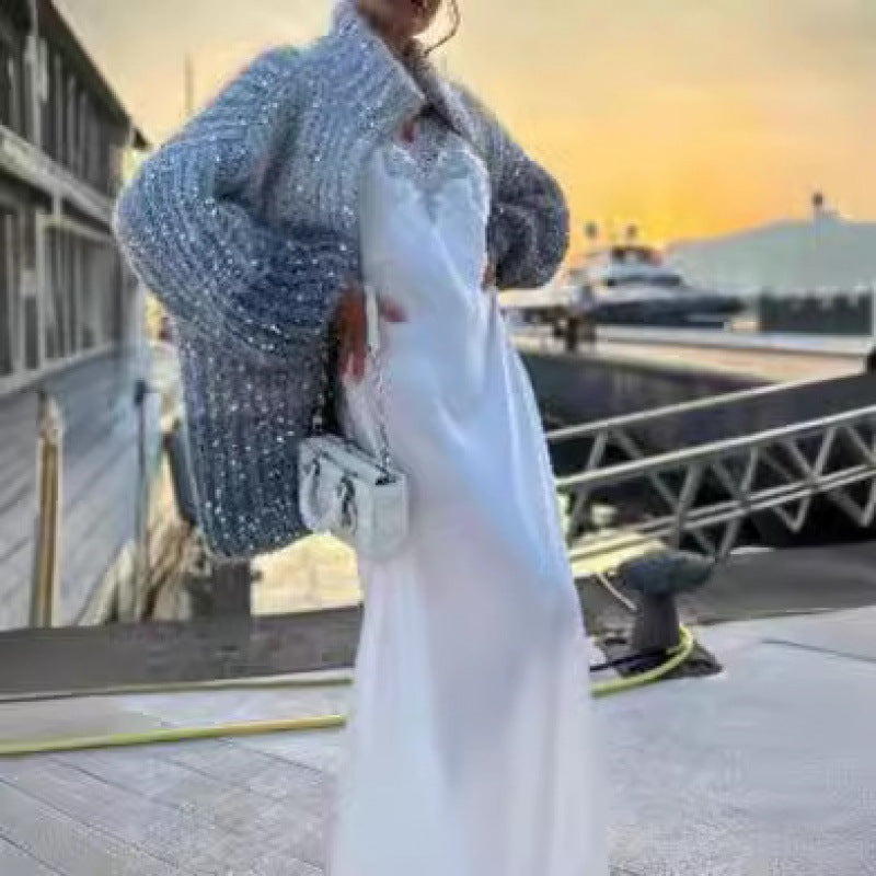 Manteau Maille Chic à Sequins – Élégance Moderne