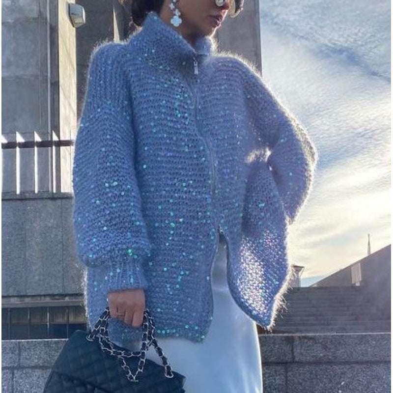 Manteau Maille Chic à Sequins – Élégance Moderne