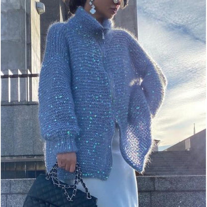 Manteau Maille Chic à Sequins – Élégance Moderne