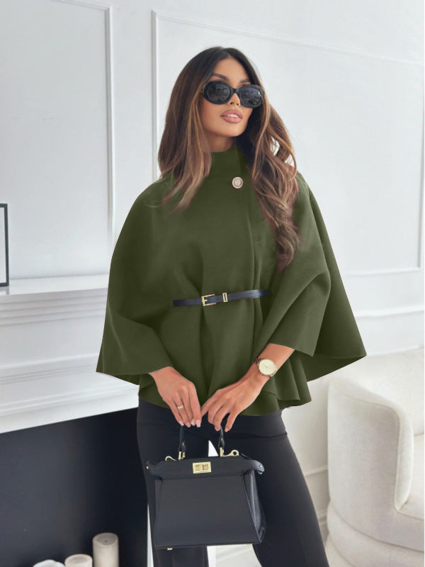 Cape Élégante à Col Montant avec Ceinture – Manteau Chic à Manches Chauve-Souris pour Femme