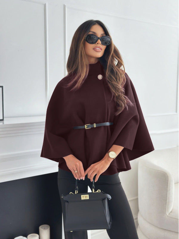 Cape Élégante à Col Montant avec Ceinture – Manteau Chic à Manches Chauve-Souris pour Femme
