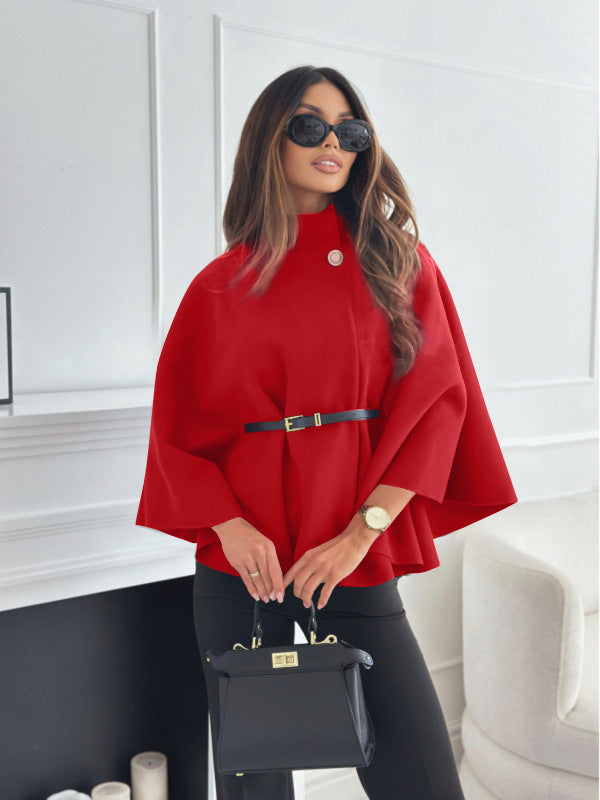 Cape Élégante à Col Montant avec Ceinture – Manteau Chic à Manches Chauve-Souris pour Femme