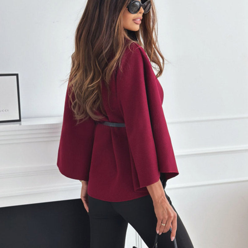 Cape Élégante à Col Montant avec Ceinture – Manteau Chic à Manches Chauve-Souris pour Femme