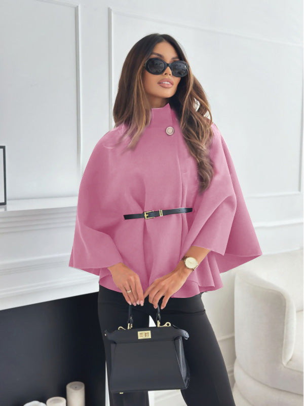 Cape Élégante à Col Montant avec Ceinture – Manteau Chic à Manches Chauve-Souris pour Femme