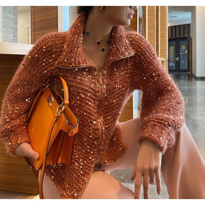 Manteau Maille Chic à Sequins – Élégance Moderne