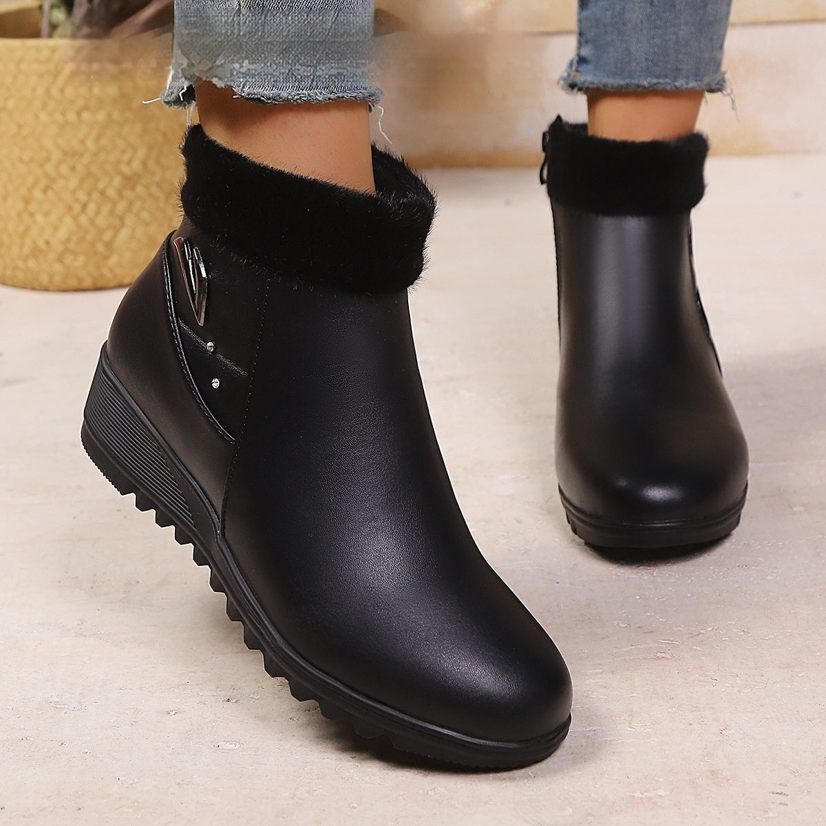 Bottines Noires Hiver Femme — Doublure Chaude & Talon Confort (Fermeture Éclair)