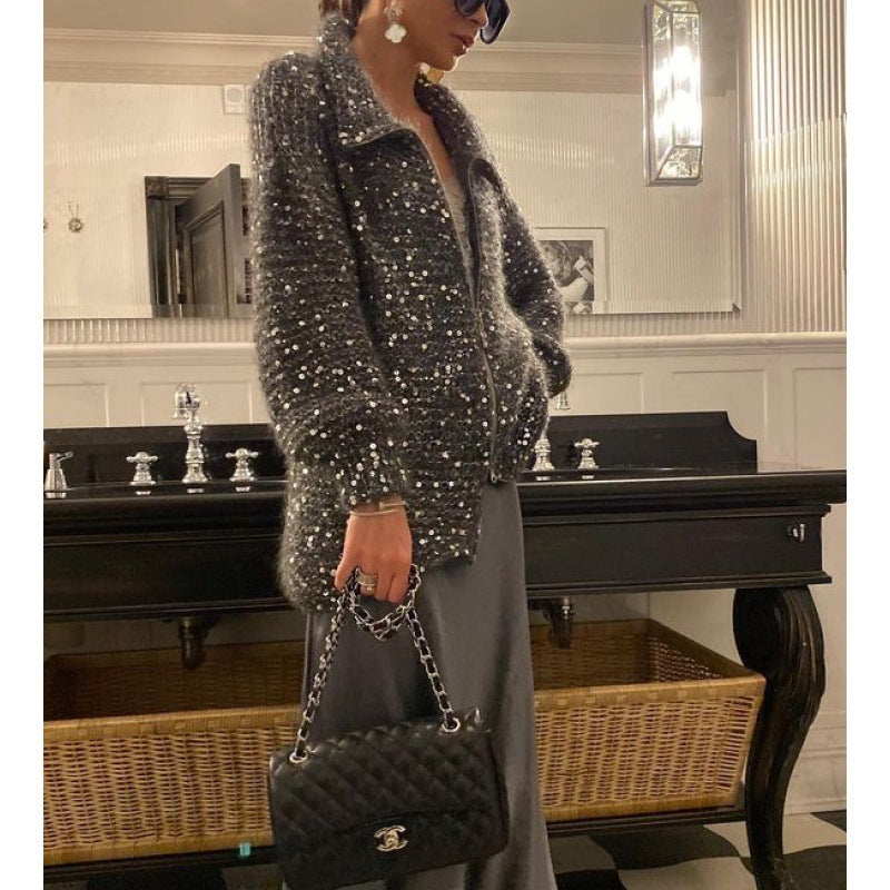 Manteau Maille Chic à Sequins – Élégance Moderne