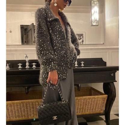 Manteau Maille Chic à Sequins – Élégance Moderne