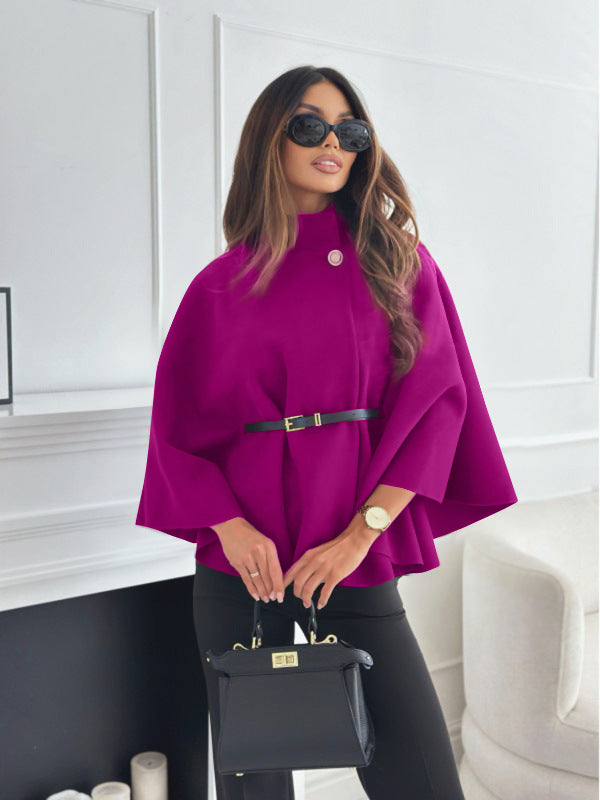 Cape Élégante à Col Montant avec Ceinture – Manteau Chic à Manches Chauve-Souris pour Femme