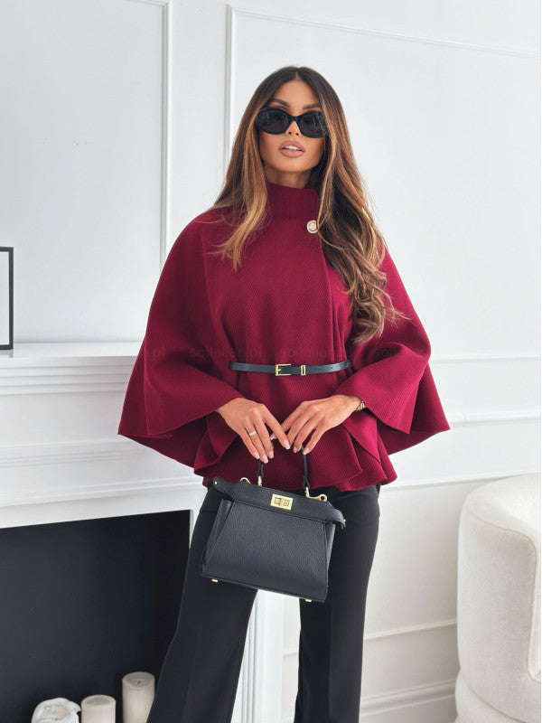 Cape Élégante à Col Montant avec Ceinture – Manteau Chic à Manches Chauve-Souris pour Femme